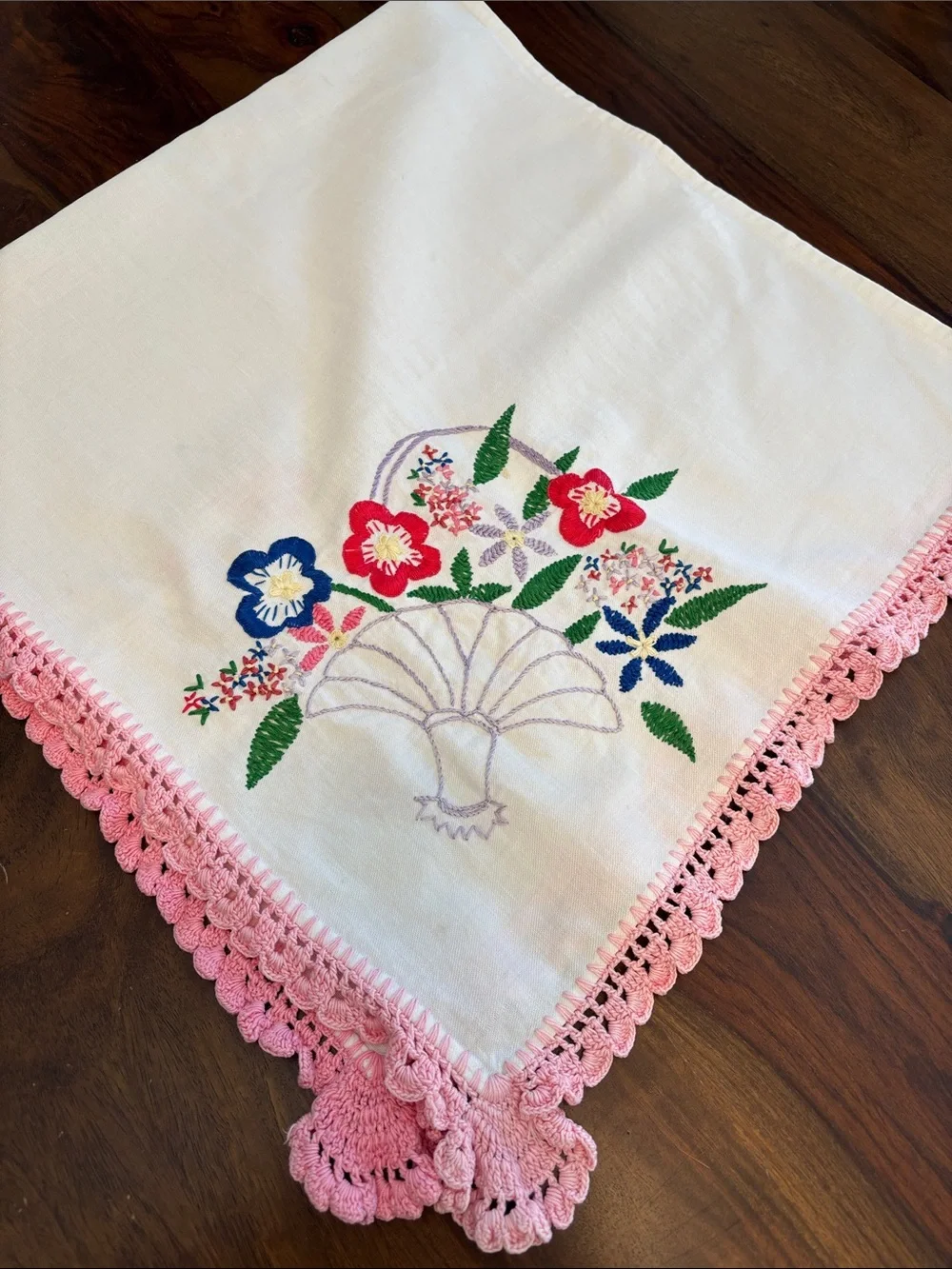 Embroidered Floral Linen Runner with Pink Crochet Trim- Fabulous!